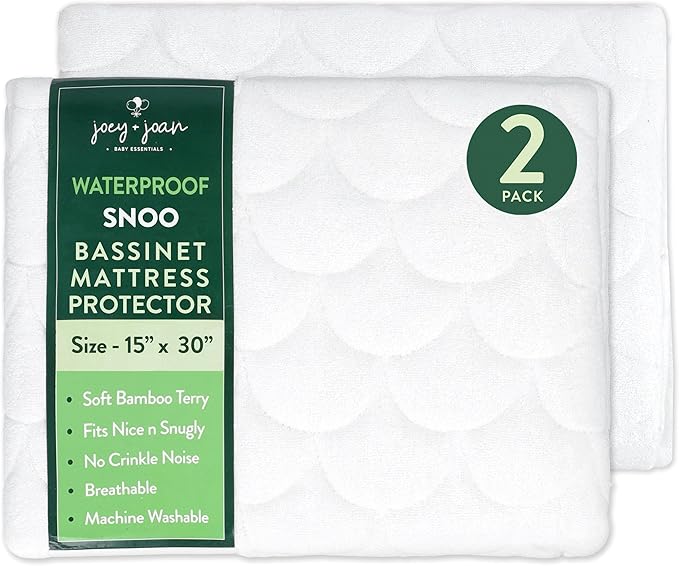 Joey + Joan Waterproof Bassinet Mattress Pad Cover Compatible with SNOO Smart Bassinet – 2 Pack Quilted Mattress Protector – 15" x 31"