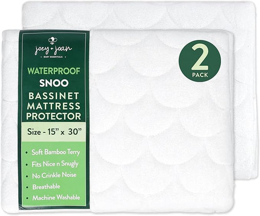 Joey + Joan Waterproof Bassinet Mattress Pad Cover Compatible with SNOO Smart Bassinet – 2 Pack Quilted Mattress Protector – 15" x 31"