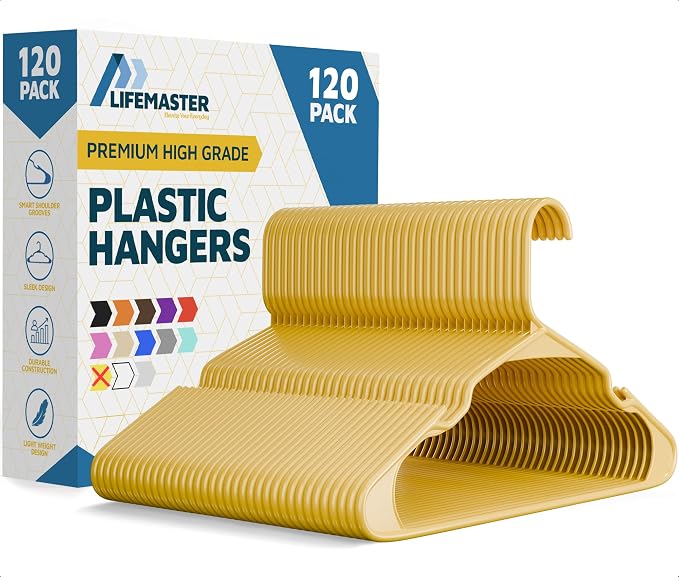 Lifemaster Plastic Clothes Hangers – Heavy Duty Hanger Set, for Organizing Clothes, Dresses, and Coat, Holds Up to 5 lbs, Space-Saving Hangers with Non-Slip Shoulder Grooves, Pack of 120, Yellow by LIFEMASTER