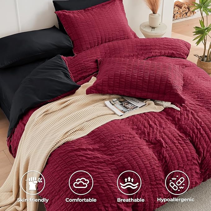 HYMOKEGE Red & Black Twin XL Comforter Set Seersucker 5 Pieces, All Season Luxury Bed in a Bag for Bedroom, Bedding Set with Comforter, Sheets, Pillowcase & Sham