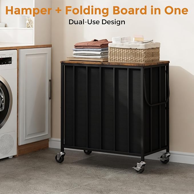120L Laundry Hamper with Wheels and Lid, Rolling Laundry Basket with Dual Removable Liners, Soft-Close Flip-Top Wooden Lid, Metal Handles, Clothes Organizer for Bedroom and Laundry Room - Image 3