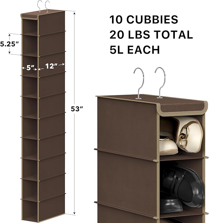 Simple Houseware 10 Shelves Hanging Shoes Organizer Holder for Closet, Brown - Image 3