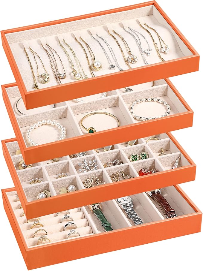 LANDICI Stackable Jewelry Organizer Trays 4 Set,PU Leather Jewelry Organizer Drawer,Jewelry Storage Display Tray for Earring Necklace Rings Bracelet with Removable Dividers,Orange by LANDICI