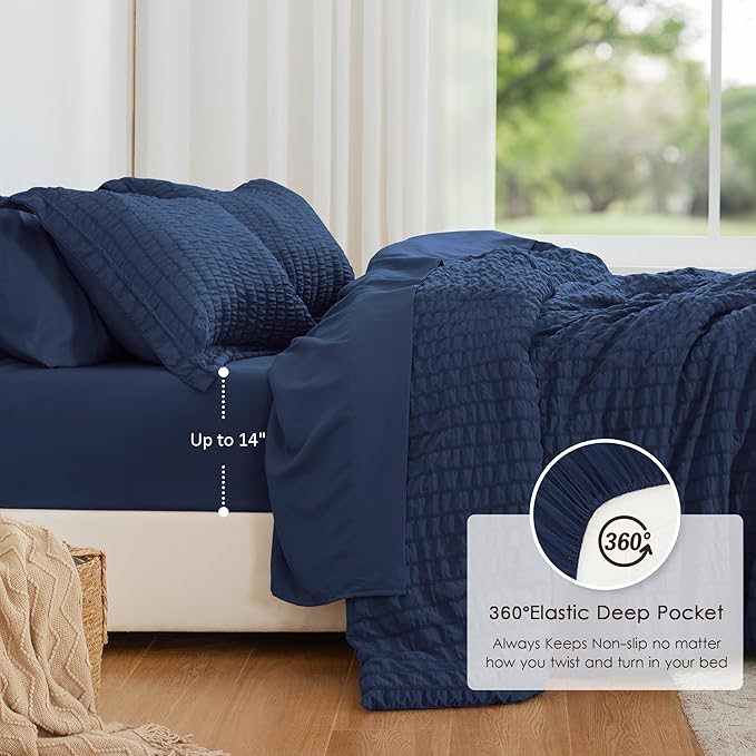 Love's cabin Seersucker Dark Blue Queen Comforter Set, 7-Piece All Season Lightweight Bed in a Bag Bedding Set with Comforter, Flat Sheet, Fitted Sheet, Pillowcases and Shams | Soft, Breathable, Lightweight