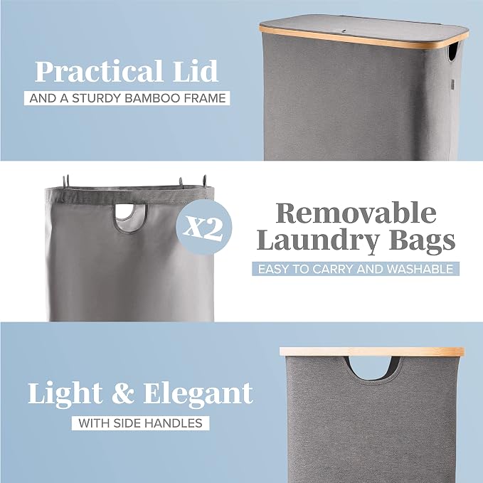 LONBET Laundry Basket with Lid, Made from Breathable Fabric | Aesthetic Clothes Hampers for Laundry with Side Handles & Sturdy Bamboo Frame (40 Gallons - Double, Gray) - Image 2