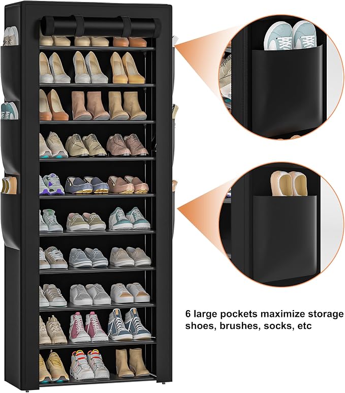 OYREL Large Shoe Rack, Black, 6 Side Pockets, 23.6" Wide x 11.4" Deep x 68.9" Tall, 36-41 Pairs of Shoes - Image 4