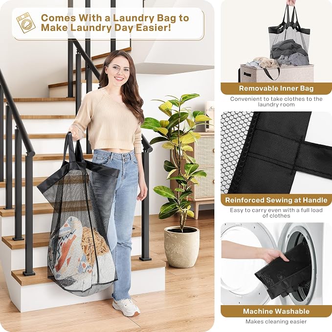 SOLEDI Large Double Laundry Hamper with Lid, Collapsible Clothes Hamper 2 section with Removable Bags, Space-Saving Laundry Basket for Bedroom, Dorm, College - Image 3