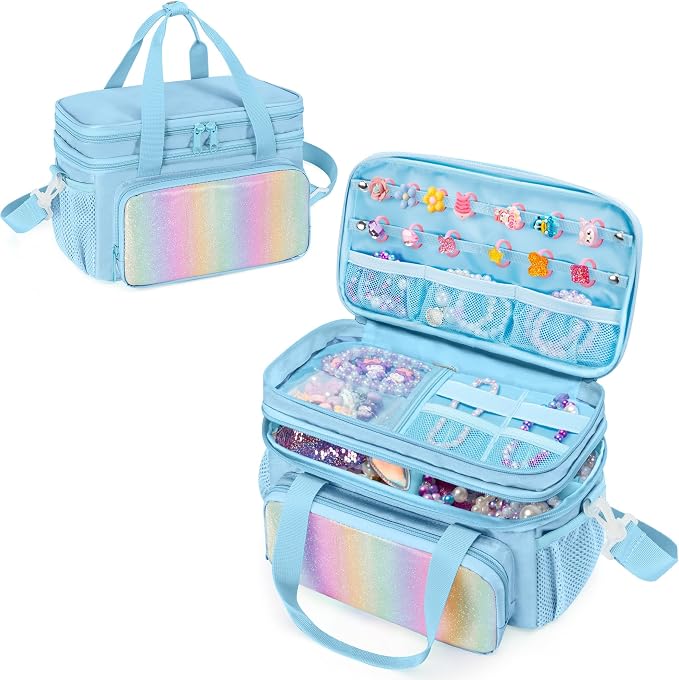 GRAOSO Double Layer Jewelry Organizer Storage for Kids Girls, Travel Jewelry Case Bag, Portable Jewelry Box with Handle and Detachable Shoulder Strap for Necklaces, Earrings, Rings, Blue (Case Only) by GRAOSO