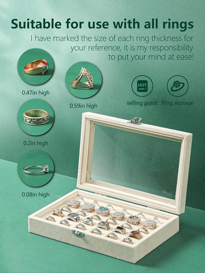 Ring Holder Organizer Box,Jewelry Ring Display Case, Earring Necklace Storage Tray With Top Glass Lid (Beige, 30 Slots Ring) - Image 4