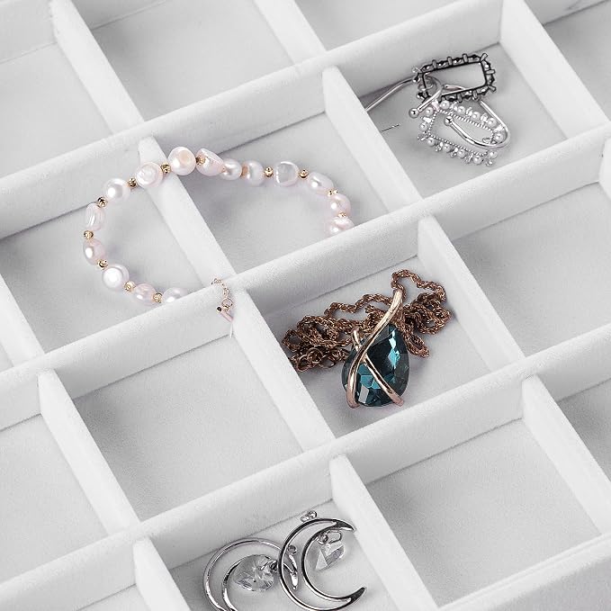 Frebeauty Velvet Jewelry Tray,12 Grid Jewelry Organizer with Clear Lid,Bracelets Holder,Jewelry Display Case with Clasp,Drawer Insert Bangle Brooch,13.8 x 9.5 x 2 Inches,Gift for Women Girls(White) - Image 6