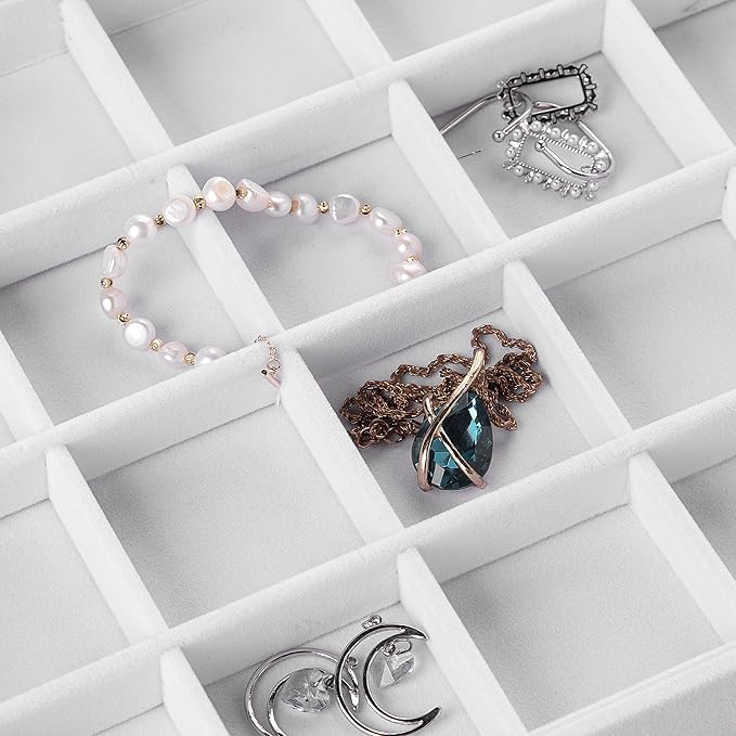 Frebeauty Velvet Jewelry Tray,35 Grid Jewelry Organizer with Clear Lid,Earring Holder Organizer Case with Clasp,Drawer Insert for Rings Studs,13.8 x 9.5 x 2 Inches,Gift for Women Girls(White) - Image 6