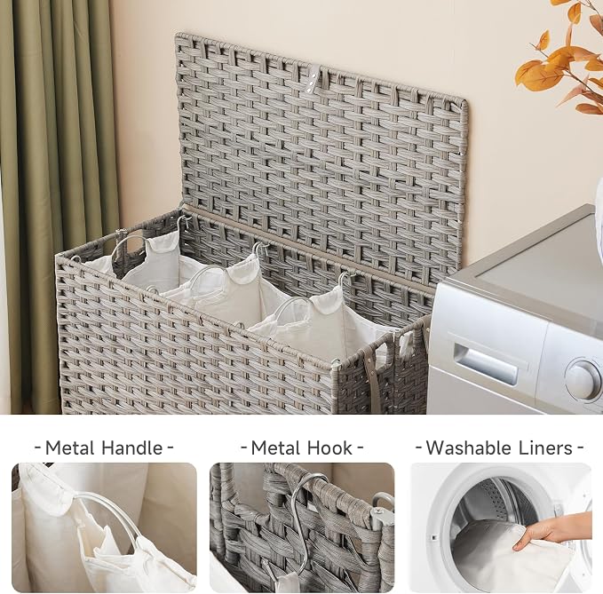 Laundry Hamper with Wheels, 34.3 Gallon(130L) Rolling Laundry Basket with Lid, 3-Section Rattan Clothes Hamper with 3 Removable Liner & 3 Mesh Bags, Laundry Sorter with Side Pocket, Grey - Image 6