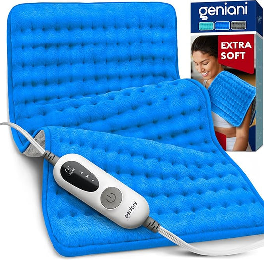 GENIANI Electric Heating Pad for Back Pain & Cramps Relief, Electric Throw, Auto Shut Off, Machine Washable, Moist Heat Pad for Neck & Shoulder - Mother’s Day Gifts, 12x24 Electric Blue