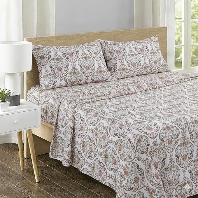 Feather & Stitch 500 TC Split King Size Sheet Set, 5 Piece Bed Sheets Set-2 Twin Fitted Sheet, 1 King Flat Sheet & 2 King Pillowcases, 18" Deep Pockets Sateen Weave Striped Bedsheet - Floral Bloom