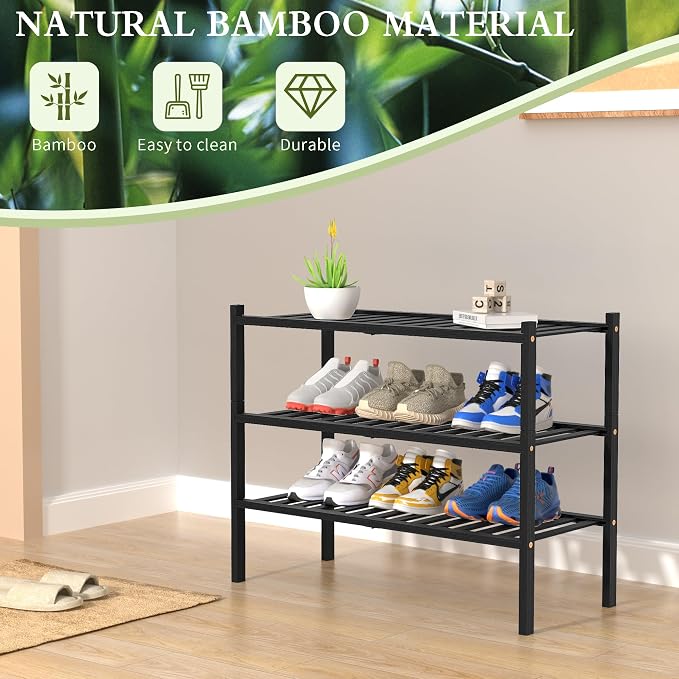 ROMGUAR CRAFT 3 Tier Bamboo Shoe Rack for Closet Free Standing Wood Shoe Shelf Storage Organizer for Entryway Small Space Stackable 27"x11"x20" (Black) - Image 6