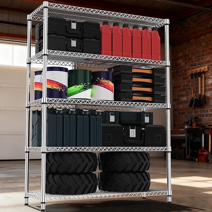M MZG 5 Tiers Shelf Metal Storage Shelves 3300 lbs Steel Storage Shelving Utility Shelving Unit Steel Organizer Wire Rack for Home,Kitchen,Office,Garage Chrome 17.7" D x 47.2" W x 70.3" H - Image 2