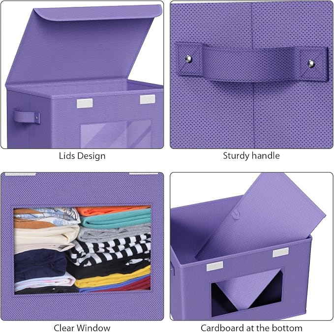 Univivi Storage Bins with Lids [4-Pack] Fabric Lidded Storage Baskets Stackable Closet Storage Bins, Closet Organizers and Storage with Lid & Clear Window for Home, Office, Bedroom (Purple) - Image 5