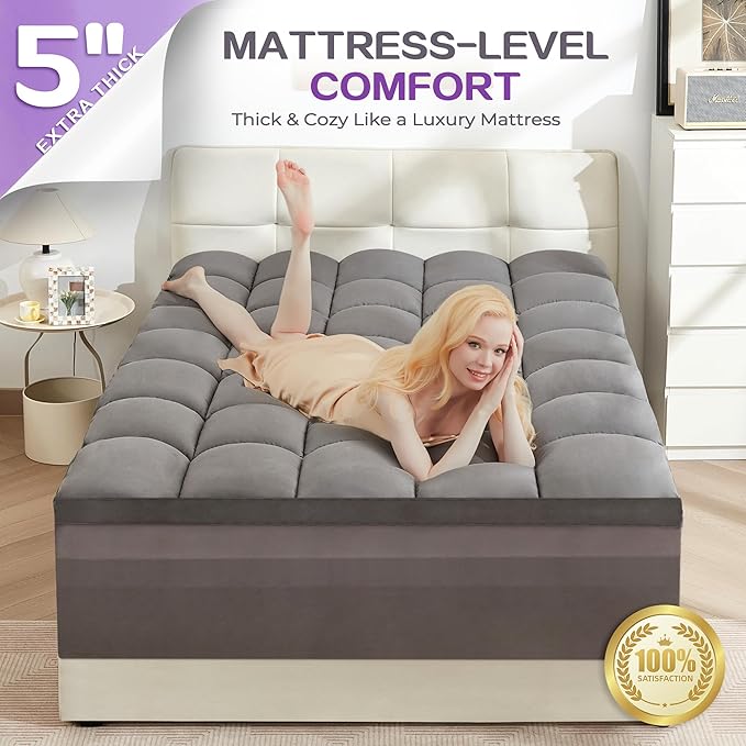 SINWEEK Dual Layer 5 Inch Memory Foam Mattress Topper Twin Size, 3 Inch Gel Memory Foam Plus 2 Inch 1450 GSM Down Alternative Quilted Pillow Top Mattress Pad Cover, Dark Gray