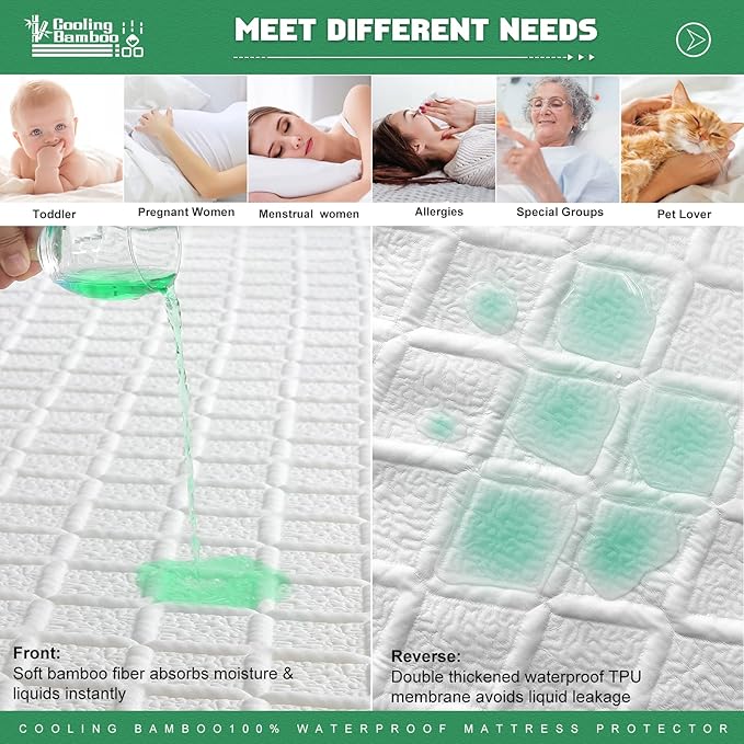 UNILIBRA Full Size Waterproof Mattress Protector, 3D Air Rayon Made from Bamboo Cooling Mattress Cover, Breathable Deep Pocket Mattress Pad Fits to 8''-21'' White