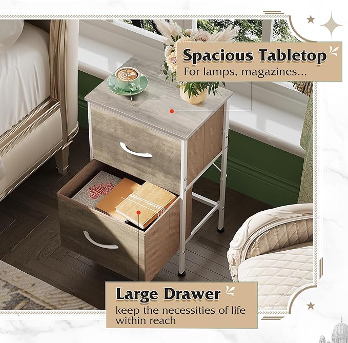 WLIVE Night Stand, Greige Nightstand with 2 Fabric Drawers, Small Dresser for Bedroom, Bedside Table End Table with Storage Drawer, College Dorm, Dormitory, Greige Oak