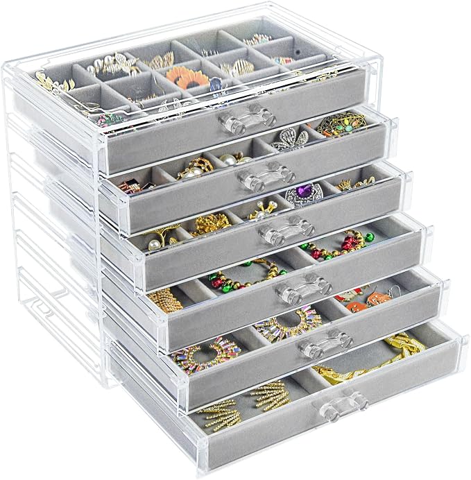 Watpot Acrylic Jewelry Box with 6 Drawers, Clear Earring Storage Organizer Display Case for Women Girls, Gray by Watpot