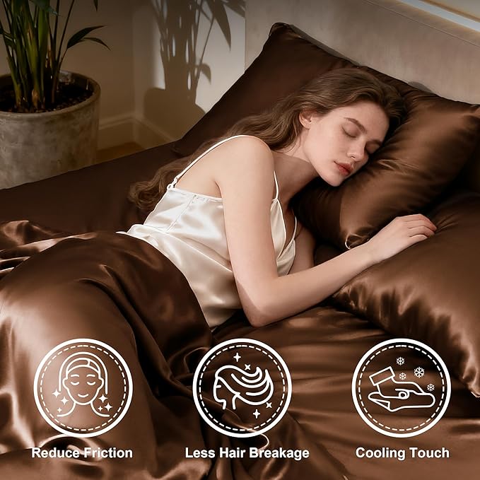 Love's cabin Twin XL Satin Sheet Sets - 3 Piece Brown Silky Bed Sheets with Deep Pockets, Luxury Silk Feel Satin Sheet Set Twin XL (1 Flat Sheet,1 Fitted Sheet,1 Pillow case)