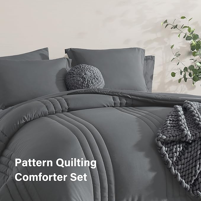 Monbix Super King Plus Size Comforter Set - 7 Pieces Bright Gray Bed in a Bag Super King Plus Bedding Sets with Comforters, All Seasons Comforter Bed Set with Sheets,Pillowcases & Shams
