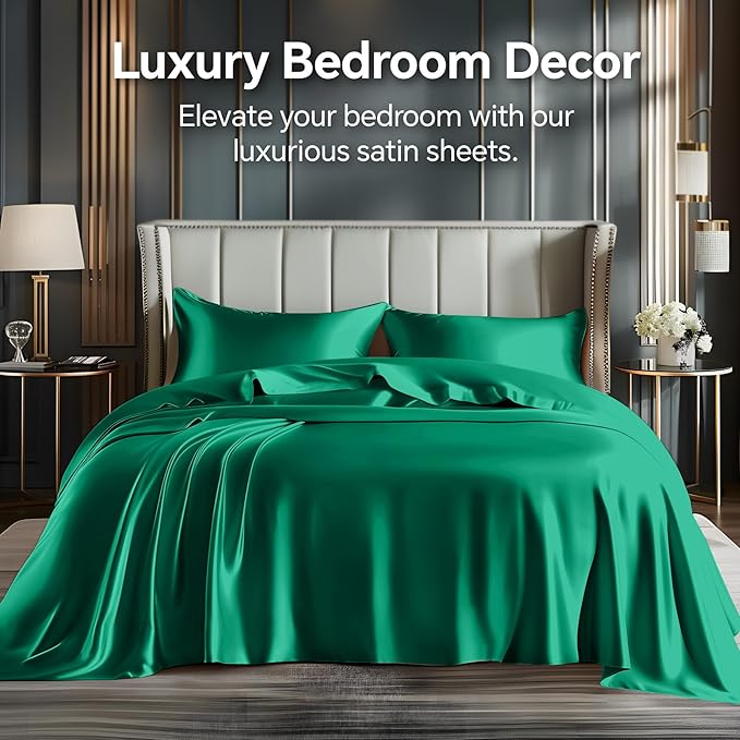 BEDELITE Satin Sheets Full Size Bed Set, Luxury Soft Dark Green Silky Sheets for Hair and Skin, Similar to Silk Bed Sheets Set 4 Pieces with 1 Deep Pocket Fitted Sheet, 1 Flat Sheet, and 2 Pillowcases
