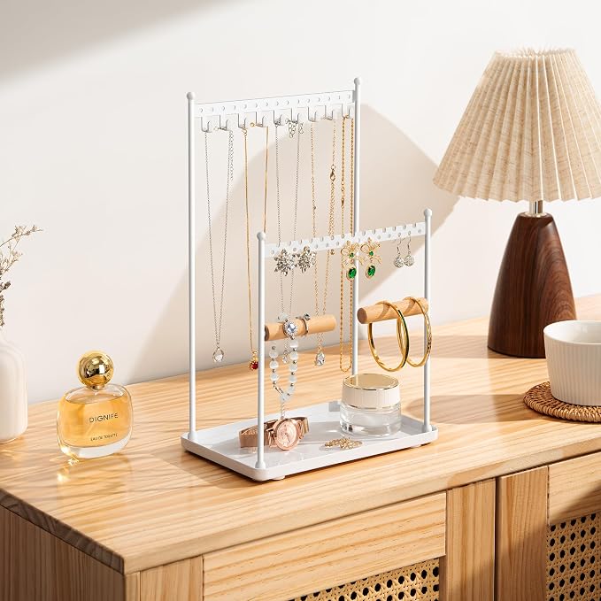 3 Tier white Jewelry Stand, Necklace Organizer, Earring Holder with 44 Holes and 9 Hooks, for Necklaces, Bracelets, Rings - Image 5