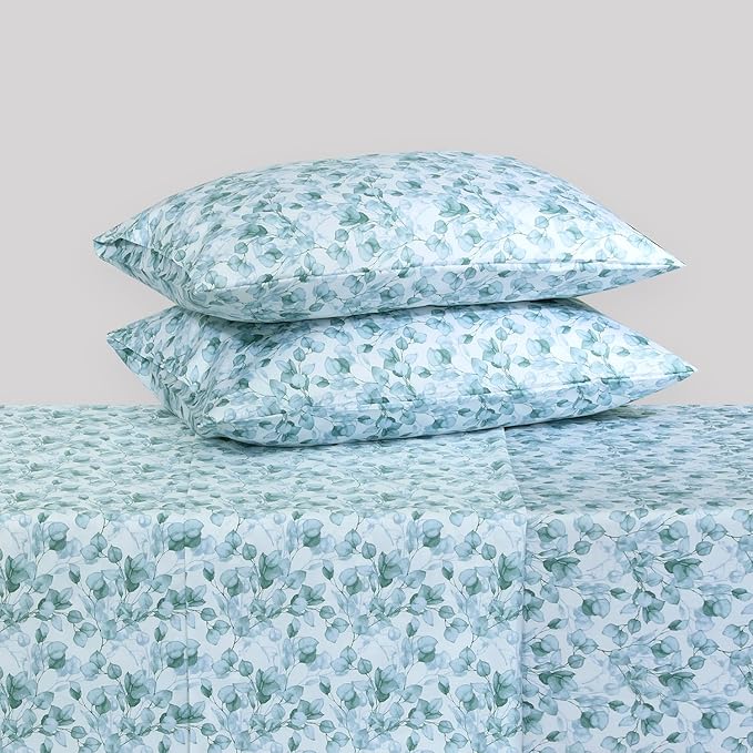 Feather & Stitch Printed 500 TC King Size 4pc Damask Bed Sheet Set, 100% Soft Cotton Breathable Bedsheets, 18" Deep Pockets Sateen Weave Striped Bedding Mattress Resort Hotel Luxury Decor - Green Leaf