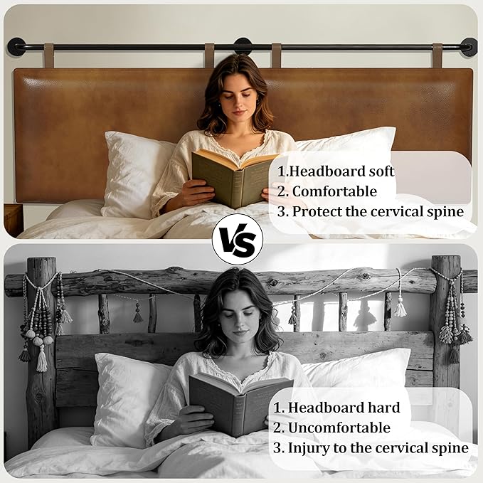 BSHOMGI King Headboard Only Wall Mount PU Leather Head Board Brown Hanging Headboards Industrial Pipe Modern Bed Backboard for Bedroom