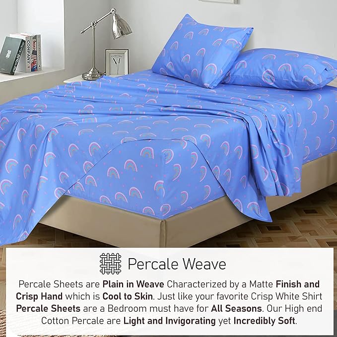 RUVANTI 100% Cotton Sheets – Twin Size Percale Bedding, Cooling & Breathable Floral Design, Durable with a Crisp, Soft & Comfortable Feel, 16" Deep Pocket, 3-Piece Set, Baby Rainbow