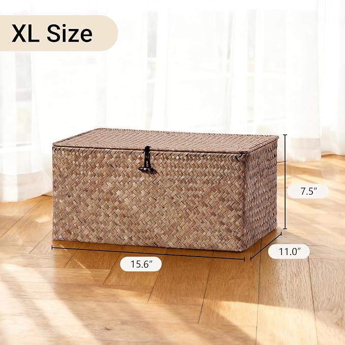 Nonam Seagrass Storage Large Basket with Lid,Wicker Basket Storage Bin with Lid for Shelves,Boho Decor,Handwoven Shelf Basket for Organizing-Storage Container Box for Home Organization-Coffee - Image 3