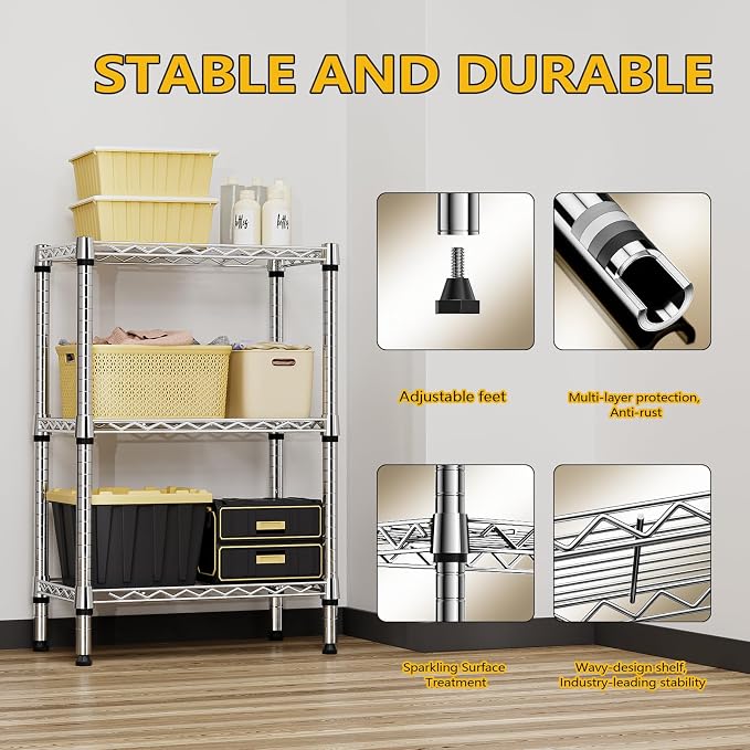 M MZG 750 lbs 3 Tier Shelf Metal Storage Shelves Shelving Wire Rack Heavy Duty Closet Organizers for Garage Kitchen Bathroom Laundry Chrome 13.8" D x 23.6" W x 35.5" H - Image 7