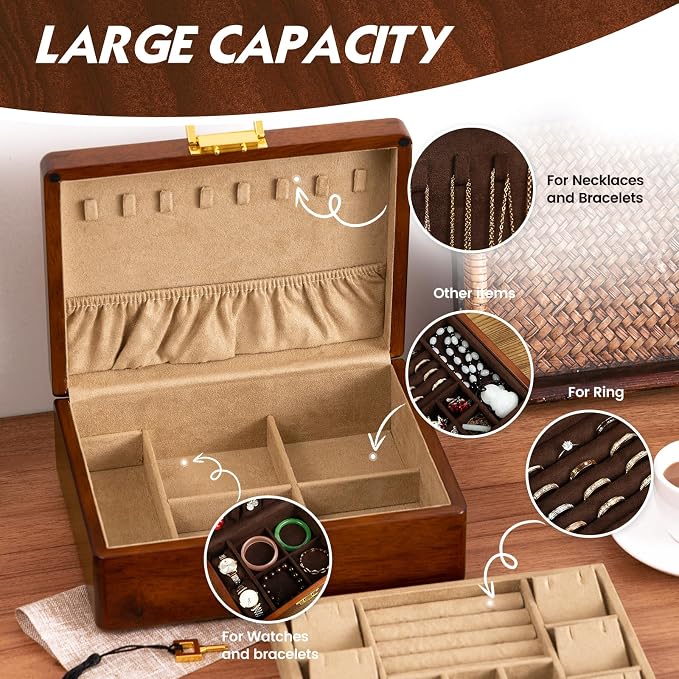 Wooden Jewelry Box with Lock, Double Layer Solid Walnut Wood Jewelry Organizer with Key Velvet Lining for Earrings Rings Necklaces Bracelets Cufflink Pendants Gift Idea Men Women - Image 7