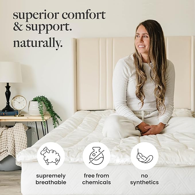 Woolino Wool Mattress Topper, Oeko-TEX Standard 100, Merino Wool Fill, Organic Cotton Sateen, Natural Temperature Regulating, Cooling, Pressure Relief, 1.2 in, King Size 76 x 80 in