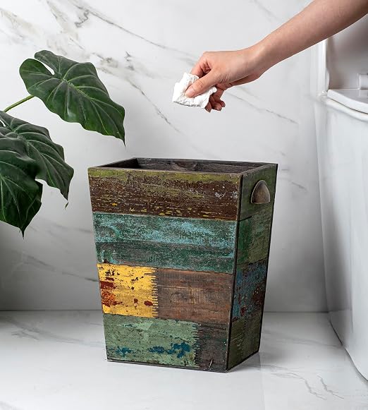 TIMRIS Small Wood Trash Can Wastebasket, Farmhouse Rectangular Garbage Can Waste Basket, Rustic Distressed Boho Wooden Trash Recycling Bin with Metal Handles, Reclaimed Wood Storage Basket (Random) - Image 4