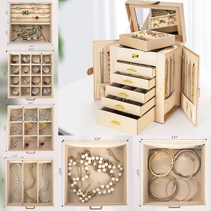 AKOZLIN 6-Tier Jewelry Box Organizer Functional Leather Jewelry Storage Case for Women Girls Ring Necklace Earring Bracelet Holder Organizer with Mirror - Image 7