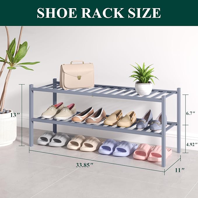 Smiry Bamboo Shoe Rack for Closet, 2 Tier Long Wooden Stackable Shoe Organizer, Free Standing Shoes Storage Shelf for Entryway, Front Door Entrance, Grey - Image 2