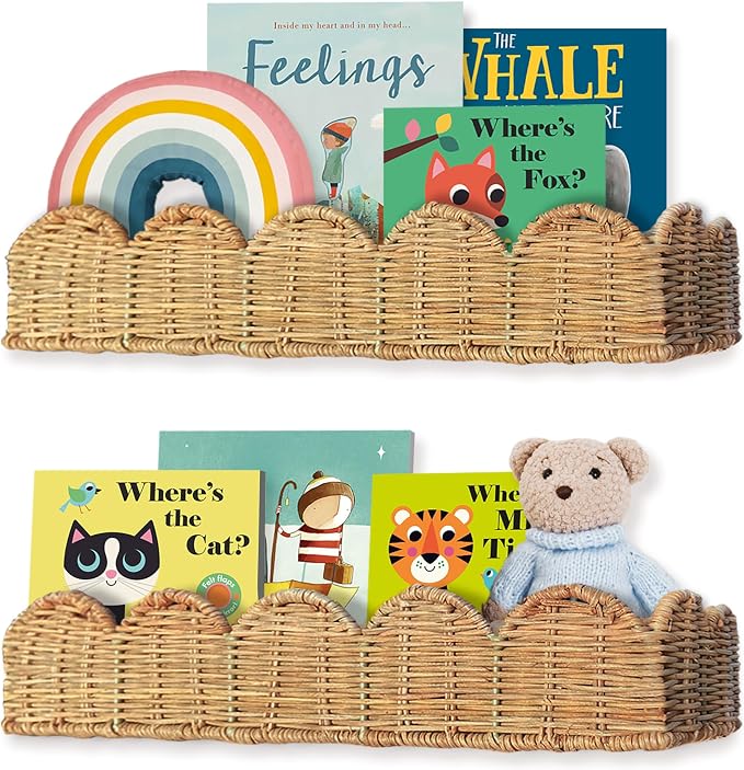 Nursery Book Shelves Set of 2 - Artisanal Natural Rattan Scalloped Book Shelf for Kids Rooms 15.8" W, Cute Wicker Nursery Bookshelf Wall Mounted, Handwoven Floating Kids Bookshelf, Baby Boho Decor by Vivika