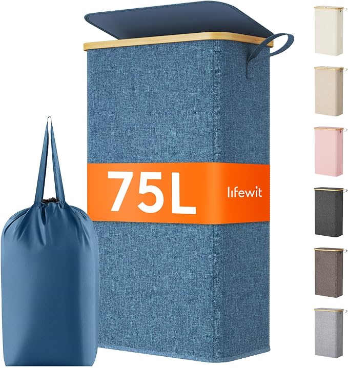 Lifewit 75L Slim Laundry Hamper with Lid, Narrow Laundry Basket with Removable Bag & Bamboo Handles, Fodable Thin Dirty Clothes Hamper for Laundry Collapsible Bin for Bathroom Bedroom Dorm, Dark Blue by Lifewit