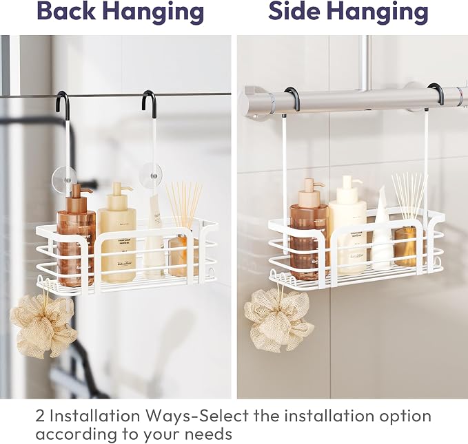SWTYMIKI Shower Caddy Hanging Organizer - Over the Door Shower Caddy with 6 Hooks, 2 Installation Ways, Stainless Steel Rustproof Bathroom Organizer, White - Image 3