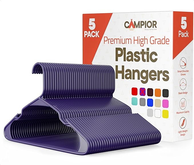 Purple Plastic Hangers 5 Pack– Heavy-Duty Plastic Hangers Slim and Space-Saving, Durable and Lightweight with Non-Slip Shoulder Notches for Slip Dresses, Suits, Jackets & Camisoles by Campior