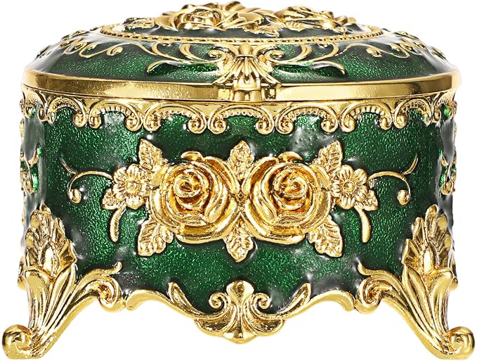 Hipiwe Vintage Jewelry Box Small Trinket Storage Organizer Box Gold Metal Chest Ring Case Treasure Chest Round Keepsake Boxes for Earrings Necklace Gift for Women,Green - Image 8