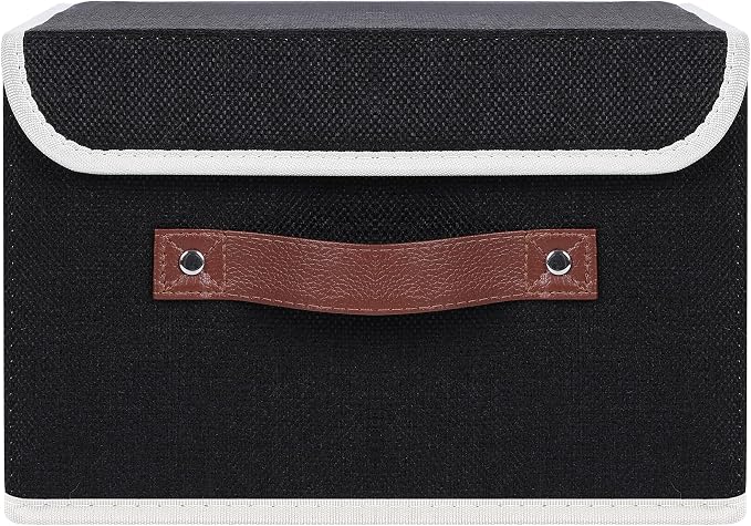 ANMINY Storage Bin with Lid Storage Boxes with PU Leather Handles PP Plastic Board Decorative Foldable Lidded Cotton Linen Fabric Home Cubes Baskets Closet Organizer Container - Black, Small Size - Image 2
