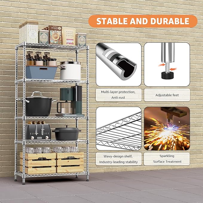 MZG 1750 lbs 5 Tier Storage Rack Metal Wire Shelving Unit, Storage Standing Household Shelf Organizer for Kitchen Pantry Closet Garage Basement Utility Room, Chrome 15.7" D x 45.3" W x 70.4" H - Image 8