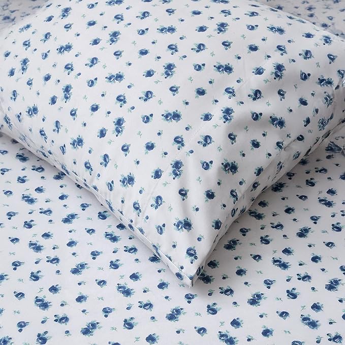 Modern Threads 4-Piece Ultra Soft Microfiber Bed Sheets Set, Wrinkle Free Sheets with Deep Pockets Fitted Sheet, Flat Sheet & Pillowcases, Lightweight Breathable Bedding, Blue Roses, King