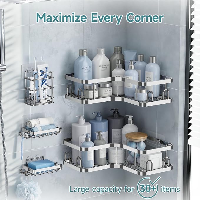 Veken Corner Shower Caddy 5-Pack, Advanced Rustproof Design, No Drilling Adhesive Shelves, Rack with Soap Holder, Large Capacity Bathroom Organizers and Storage, Wall-Mounted Kitchen&Home Decor,Silver - Image 5