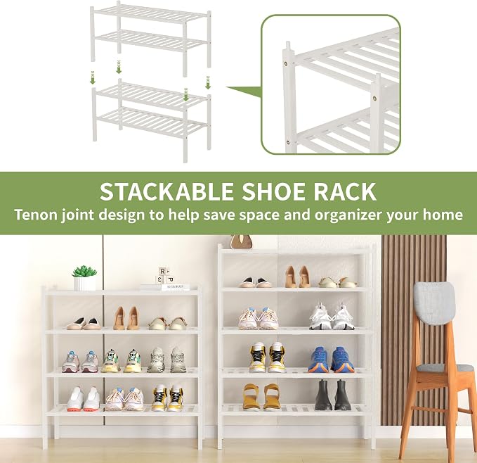 ROMGUAR CRAFT 4 Tier Bamboo Shoe Rack for Closet Free Standing Wood Shoe Shelf for Entryway Small Space Stackable 27"x11"x26" (White) - Image 5