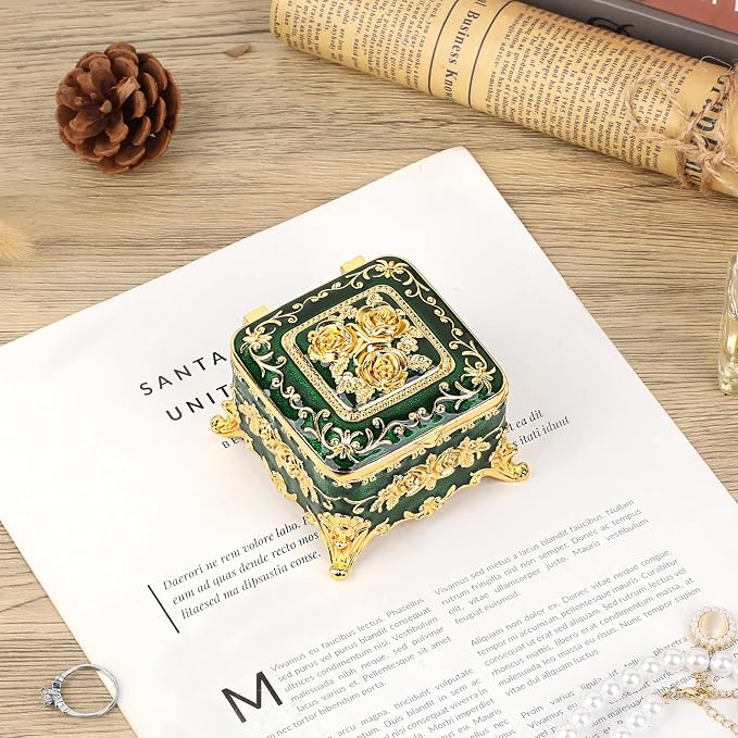 Hipiwe Vintage Jewelry Box Small Trinket Storage Organizer Box Gold Metal Chest Ring Case Treasure Chest Square Keepsake Boxes for Earrings Necklace Gift for Women,Green - Image 5